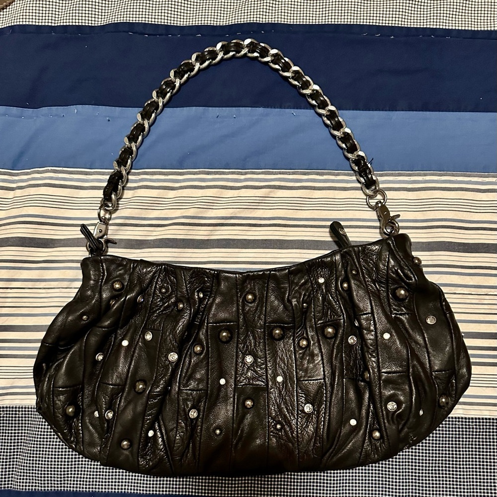 La Joelle Black Leather Rhinestone Beaded Bag